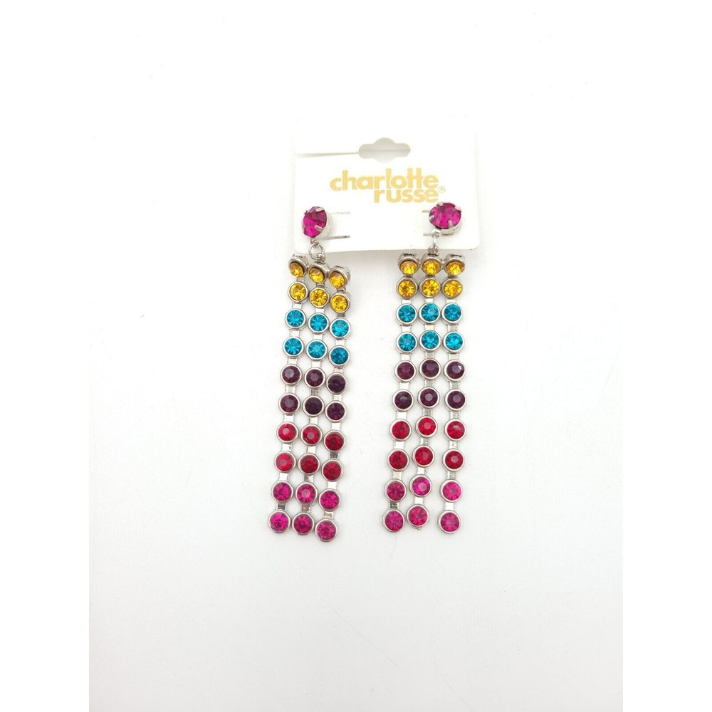 Charlotte Russe Pierced Multicolor Rainbow Rhinestone Dangle Earrings Statement